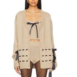 For Love & Lemons Solana Cardigan Sweater Small Tan Ribbon Bow Tie Front